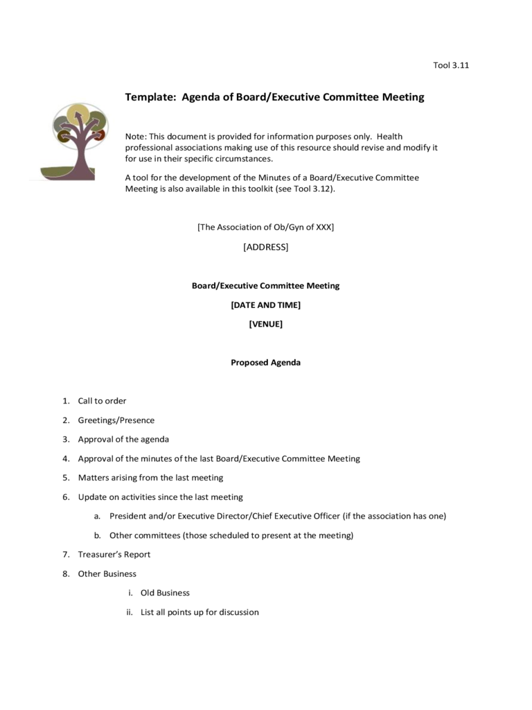 Template: Agenda of Board/Executive Committee Meeting