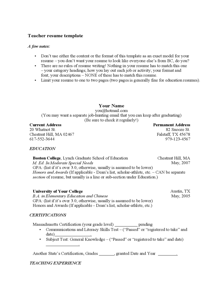 Template of Teacher Resume