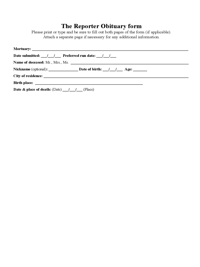 The Reporter Obituary form