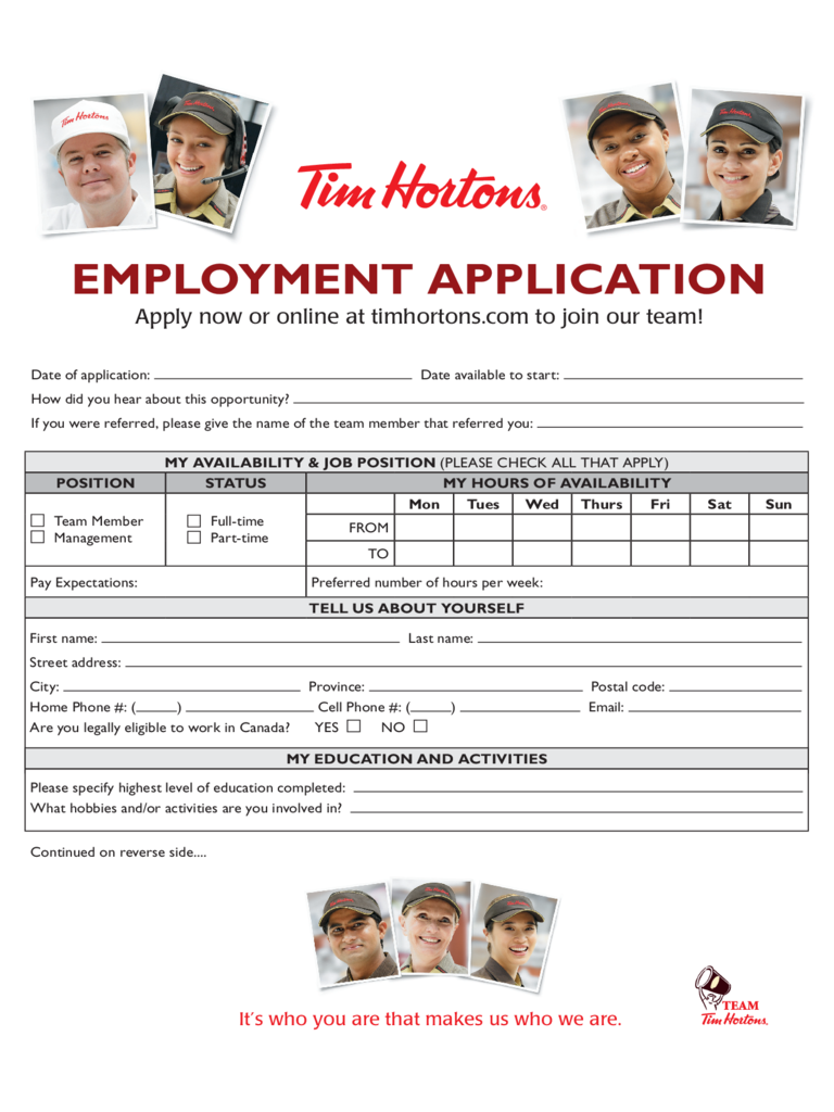 Tim Horton Employment Application From