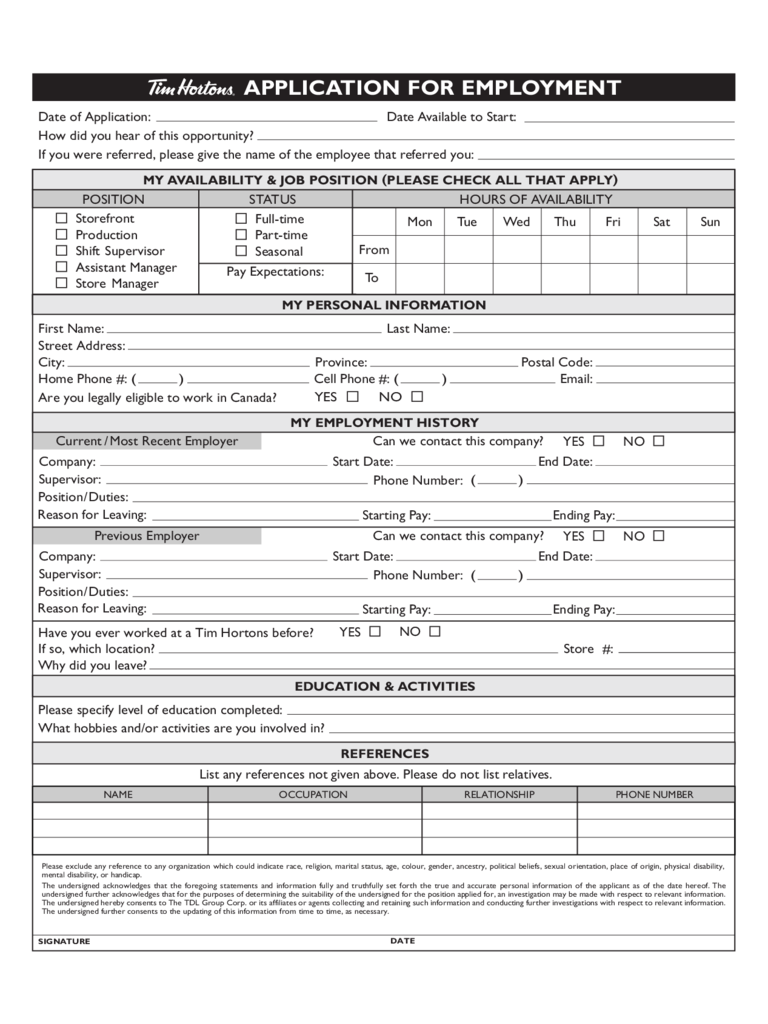 Tim Hortons Application for Employment Form