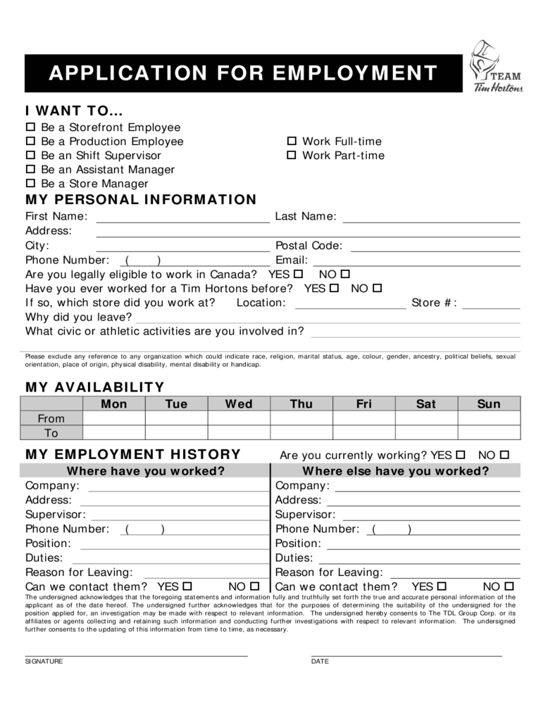 Tim Hortons Employment Application Form