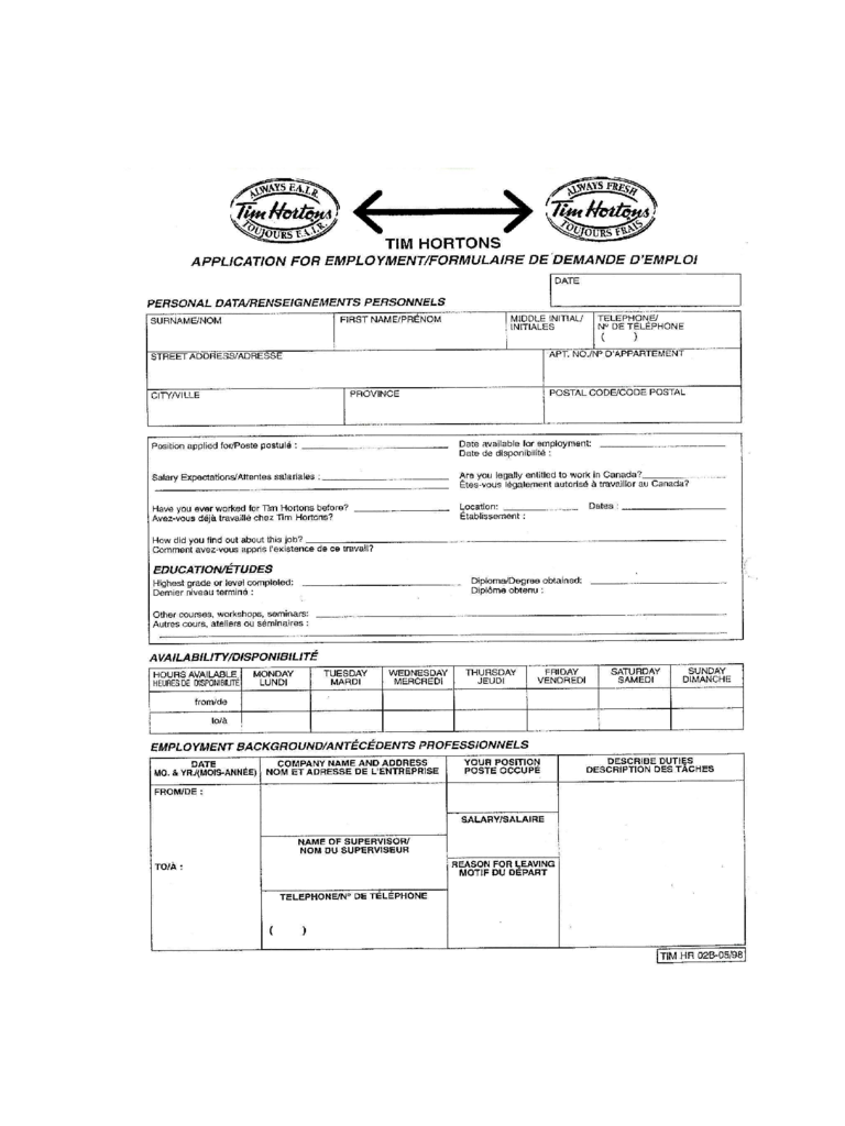 Tim Hortons Job Application for Employment Form