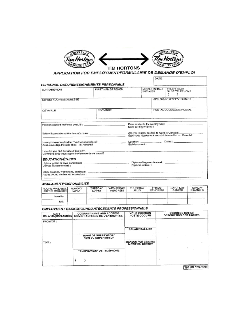 Tim Hortons Job Application For Employment Form Edit Fill Sign Online Handypdf