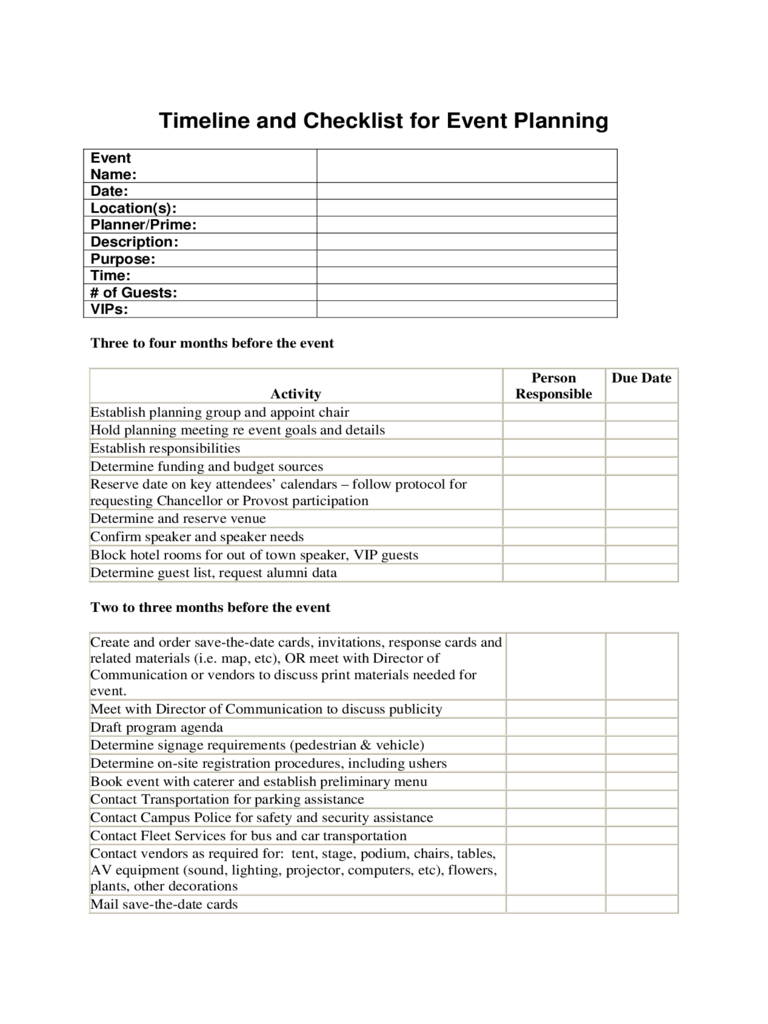 Timeline and Checklist for Event Planning Template