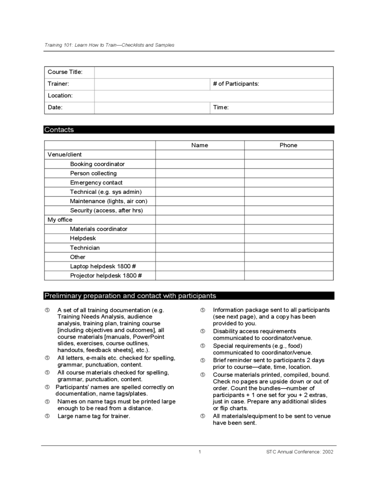 Training Checklist Sample