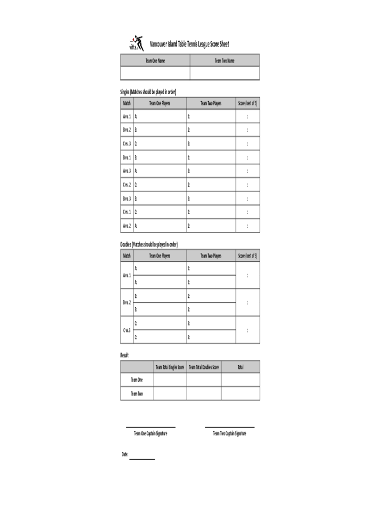 Vancouver Island Table Tennis League Score Sheet