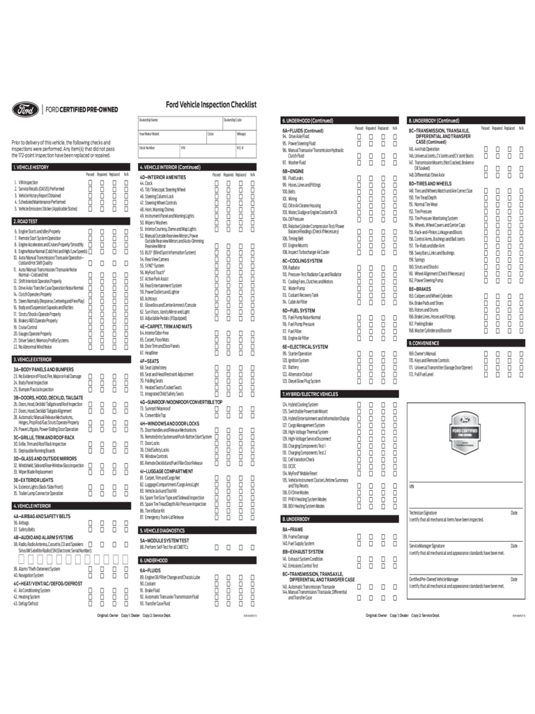 Vehicle Inspection Checklist Template Ford D1 