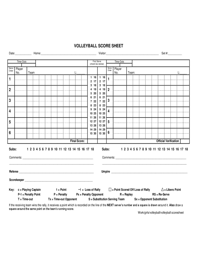 Printable Score Sheet Volleyball - Printable Cards