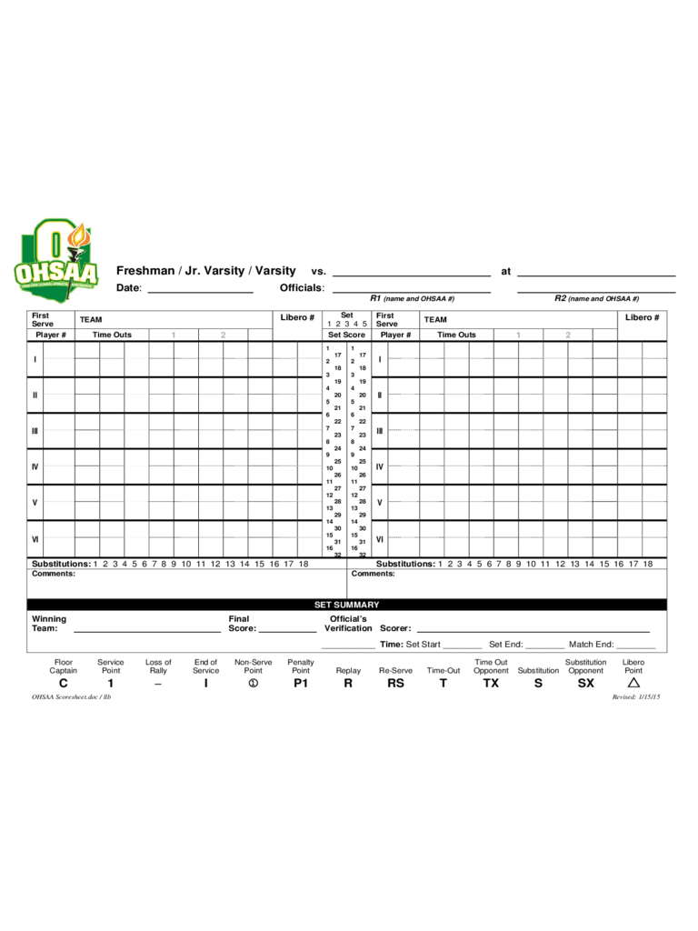 Volleyball Score Sheet - OHSAA