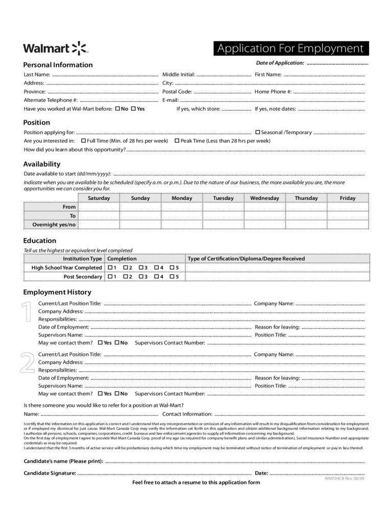 WalMart Employment Application Form