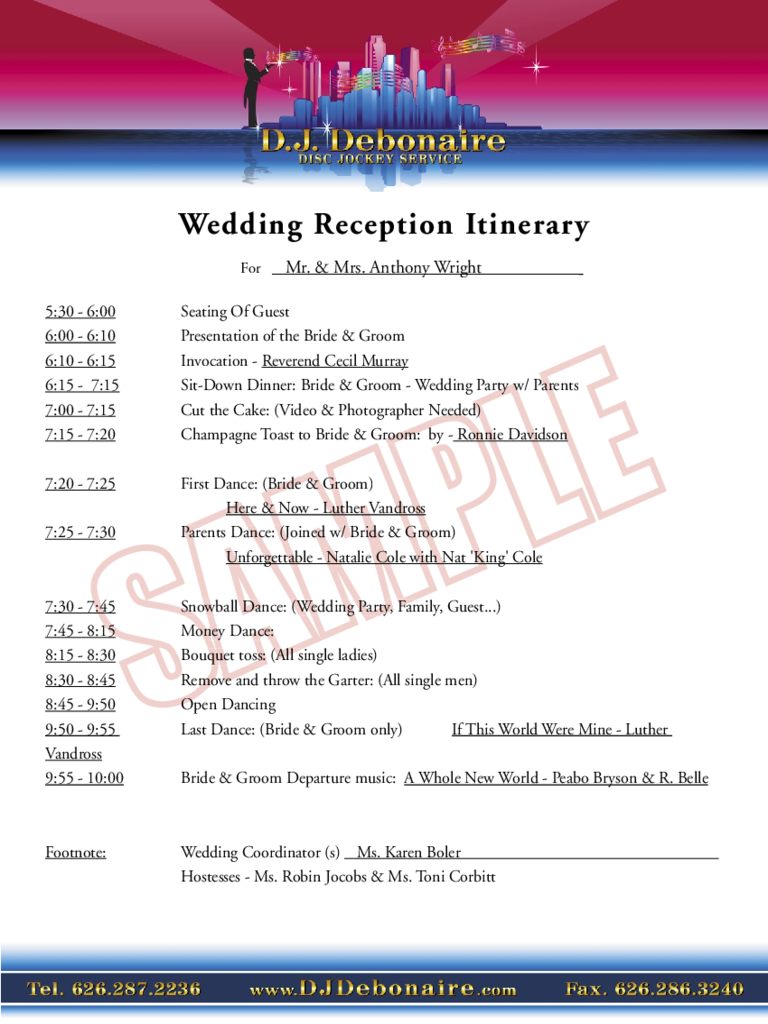 Wedding Reception Itinerary - D.J. Debonaire