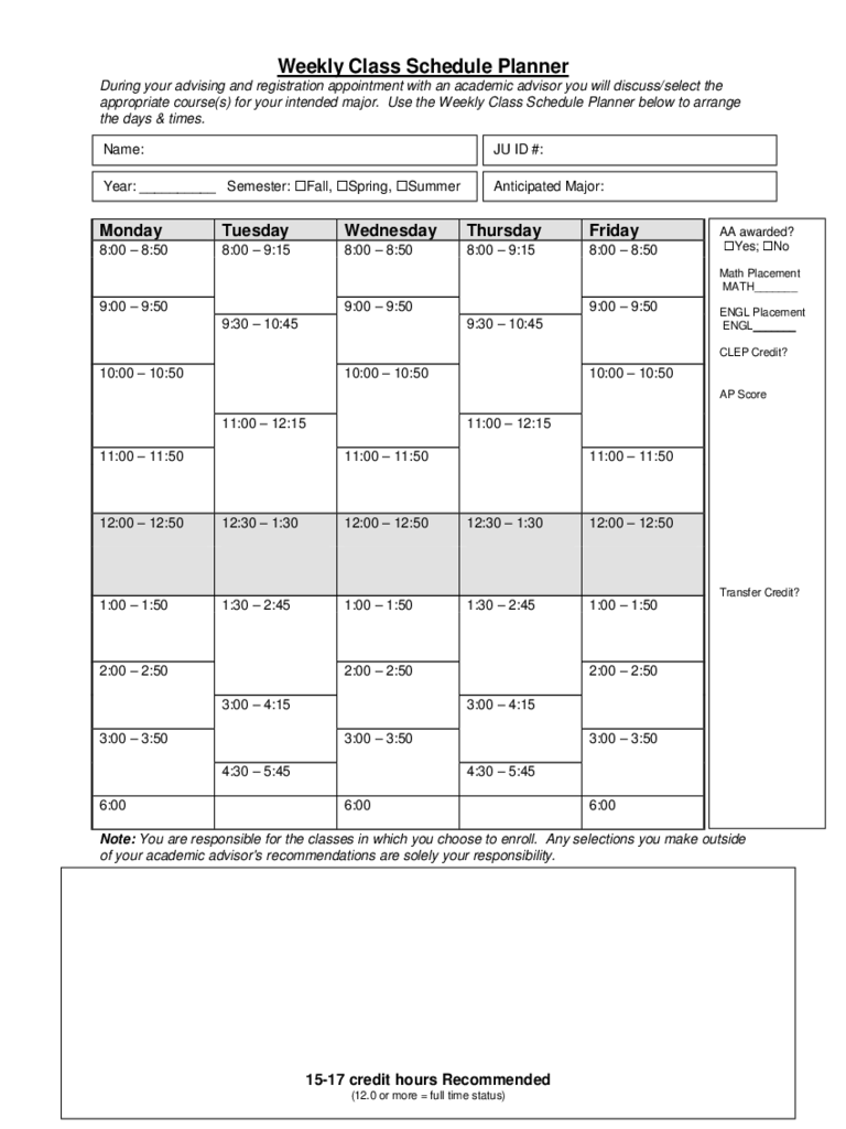 Weekly Class Schedule Planner Form - Jacksonville University