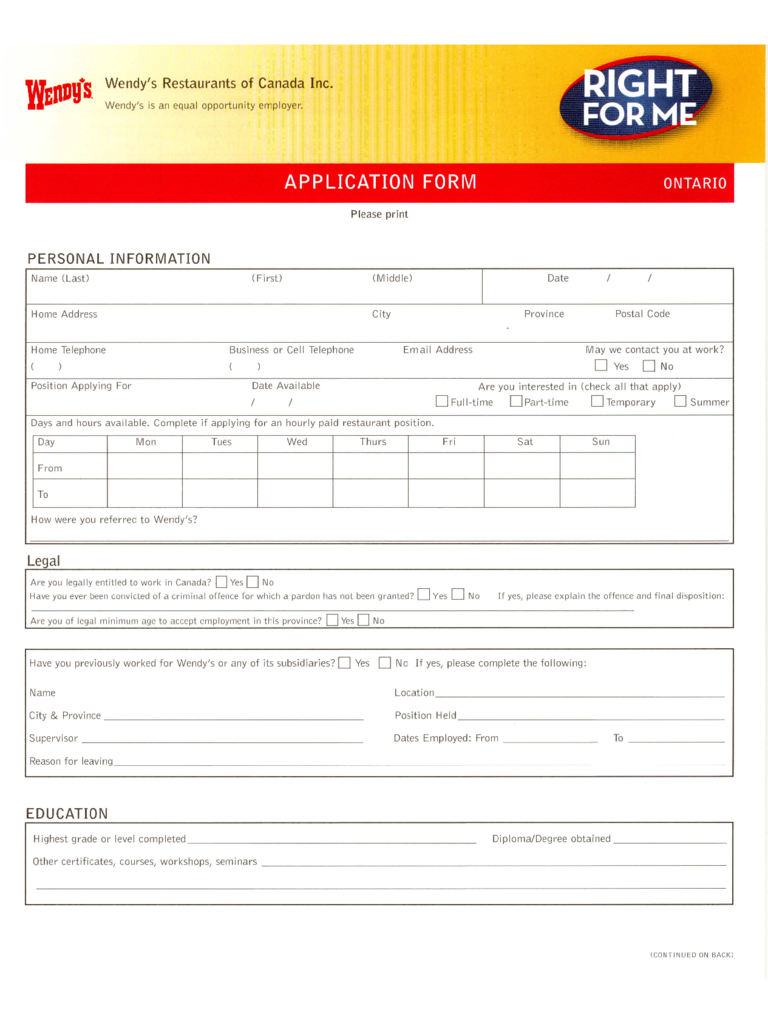Wendy's Restaurants of Canada Job Application Form