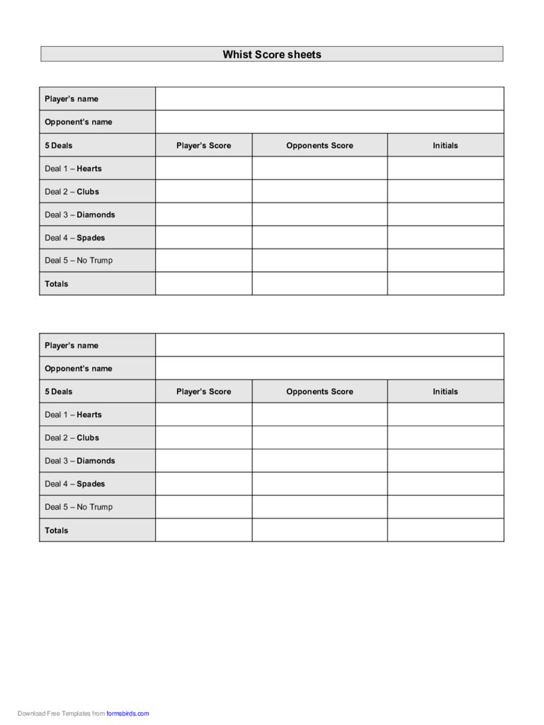 Whist Score Sheet Template