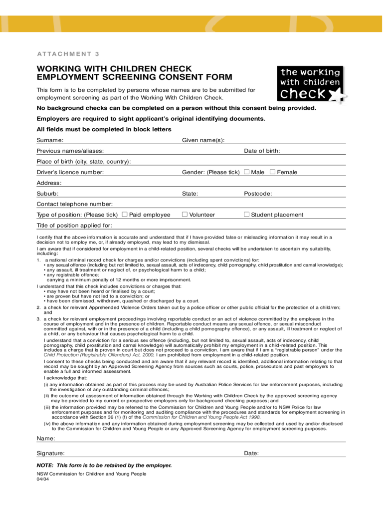 Working With Children Check Employment Screening Consent Form