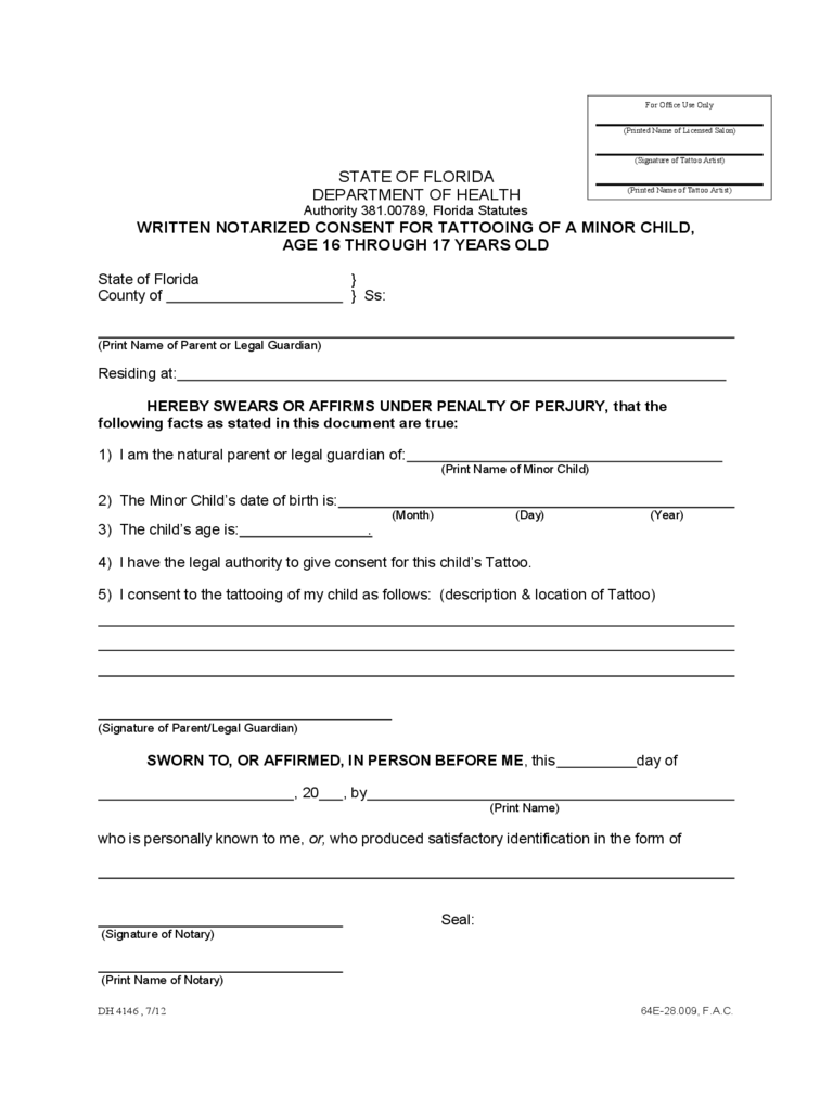 Written Notarized Consent For Tattooing