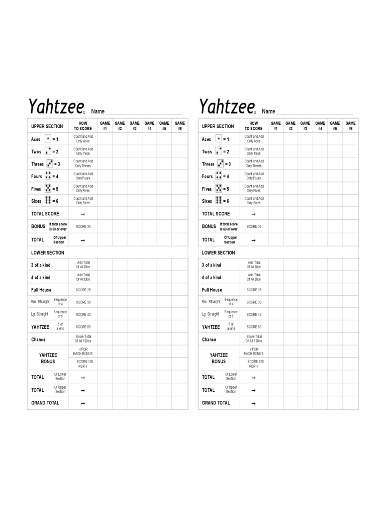 Yahtzee Score Sheet Example