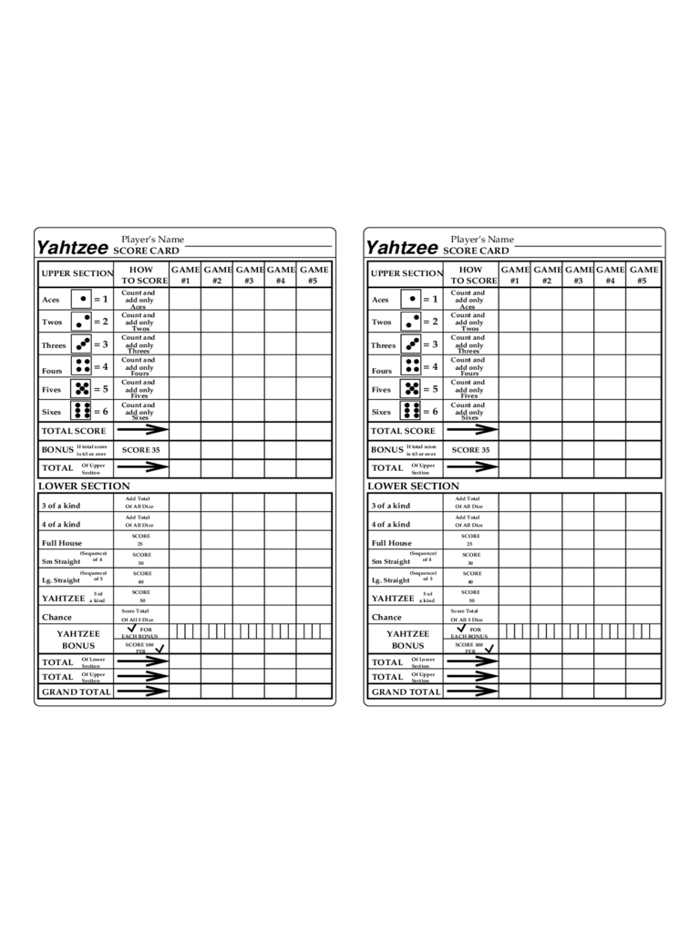 Yahtzee Score Sheet Sample