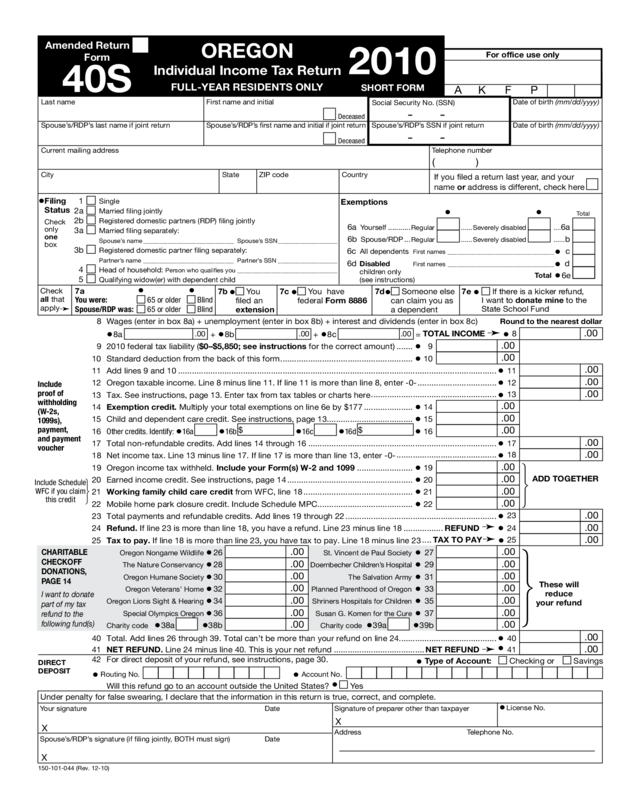 2010 Form 40S, Oregon Individual Income Tax Return (Short Form), 150-101-044