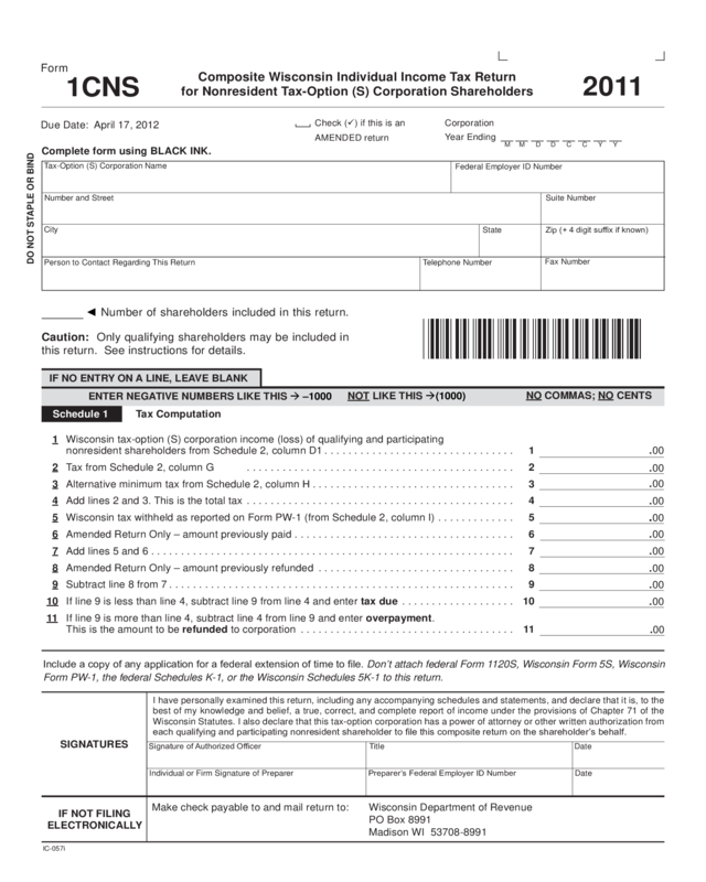 2011 Form 1Cns - Wisconsin Department Of Revenue