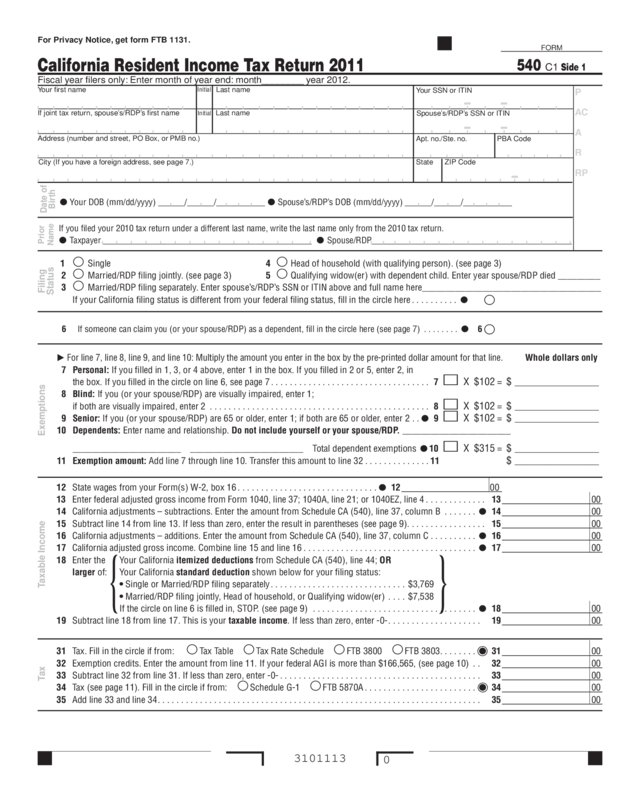 2011 Form 540 - California Resident Income Tax Return - Edit, Fill ...