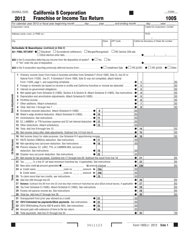 2012 Form 100S - Franchise Tax Board