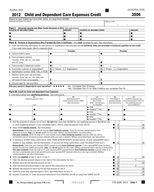 2012 Form 3506 - Child And Dependent Care Expenses Credit