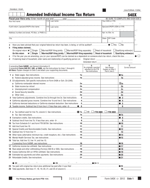 2012 Form 540X - Amended Individual Income Tax Return