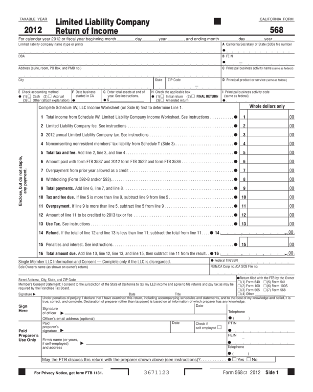 2012 Form 568 - Limited Liability Company Return Of Income