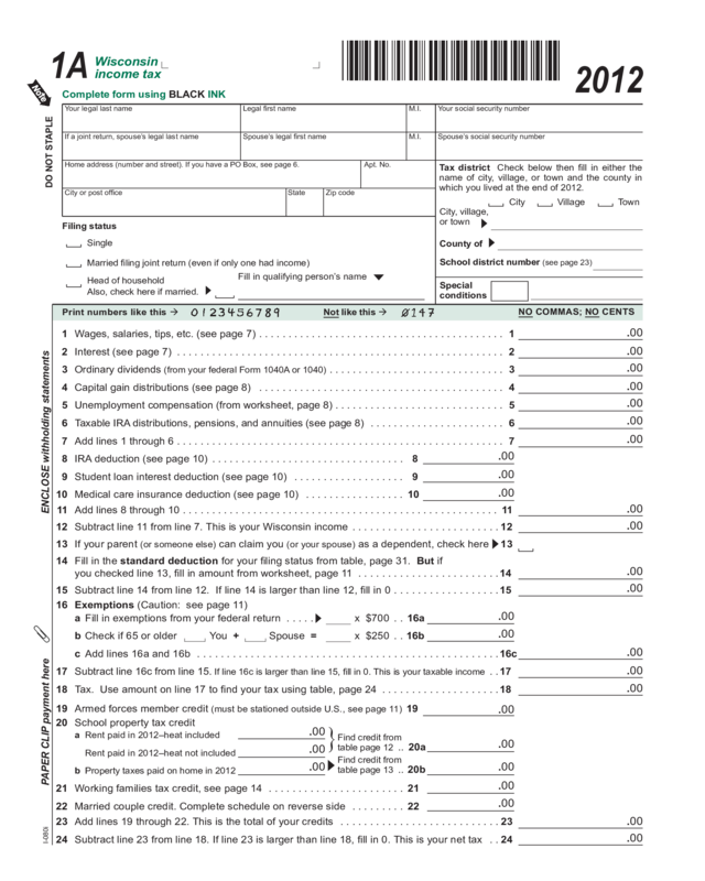 2012 I-080 Form 1A, Wisconsin Income Tax