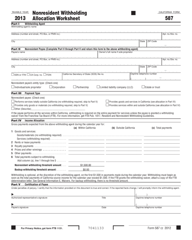 2013 Form 587 - Nonresident Withholding Allocation Worksheet