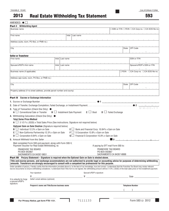 2013 Form 593 - Real Estate Withholding Tax Statement