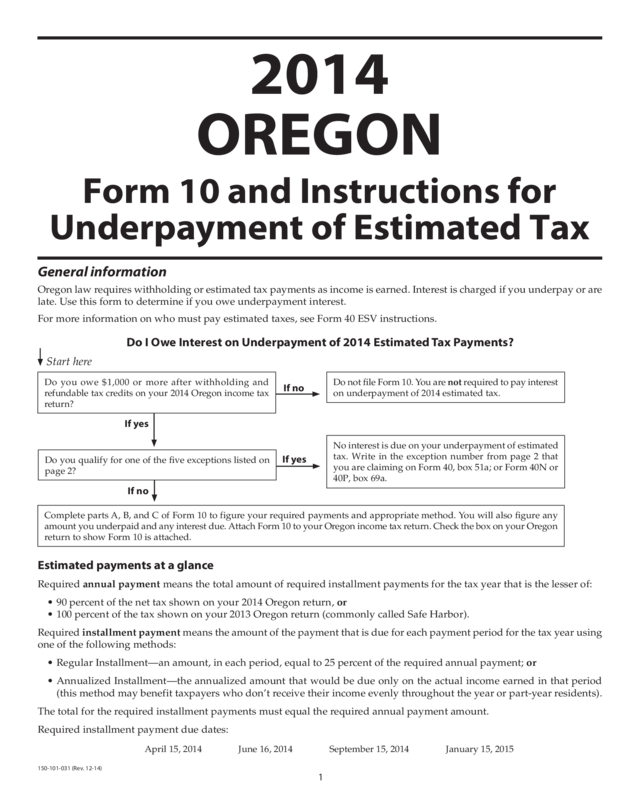 2014 Form 10, Underpayment Of Estimated Tax, 150-101-031