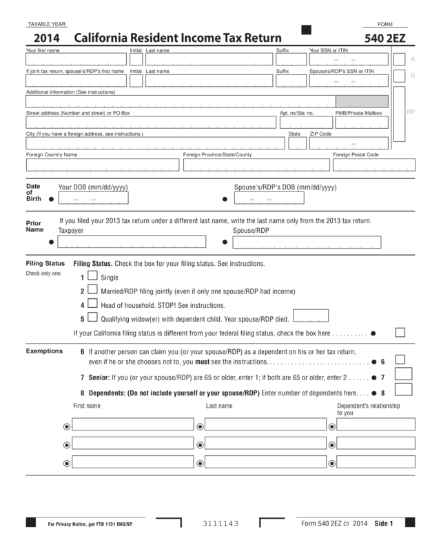 2014 Form 540 2Ez - California Resident Income Tax Return