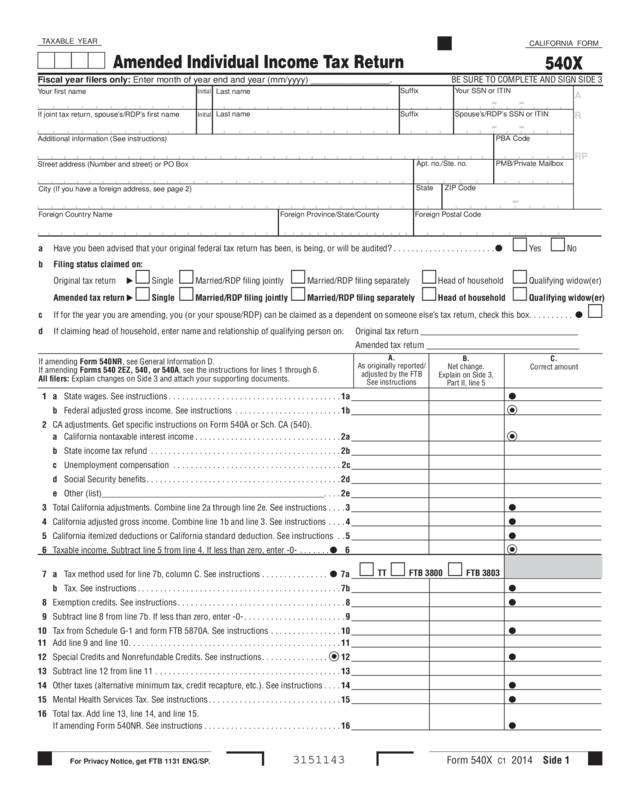2014 Form 540X Amended Individual Income Tax Return Edit Fill 