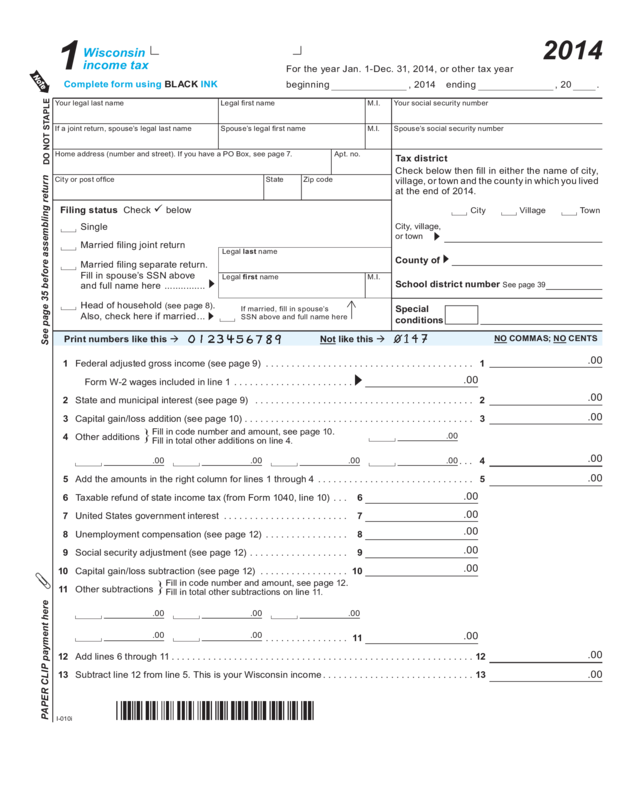 2014 I-010 Form 1, Wisconsin Income Tax