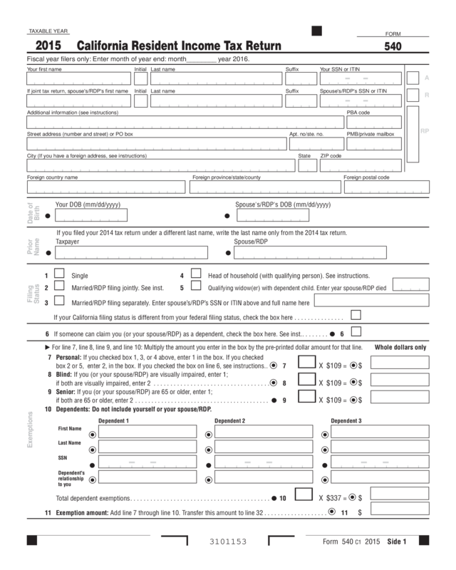 2015 Form 540 - California Resident Income Tax Return
