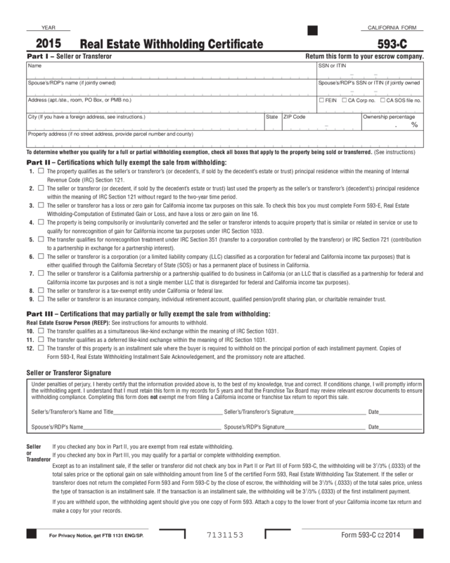 2015 Form 593-C - Real Estate Withholding Certificate