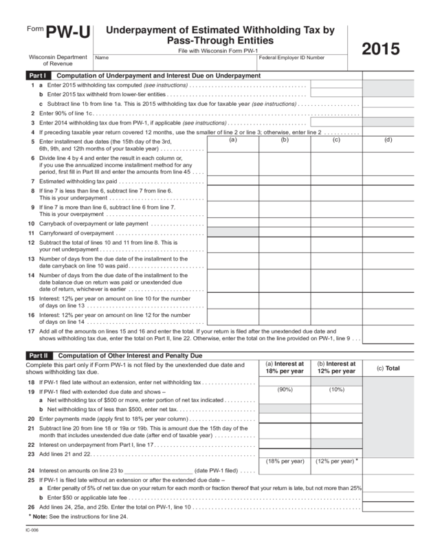 2015 Form Pw-U - Wisconsin Department Of Revenue