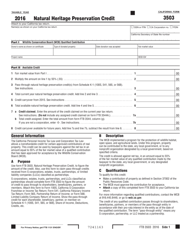 2016 Form 3503 - Natural Heritage Preservation Credit