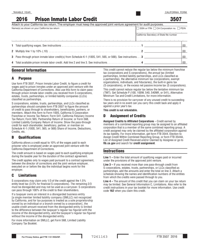 2016 Form 3507 - Prison Inmate Labor Credit