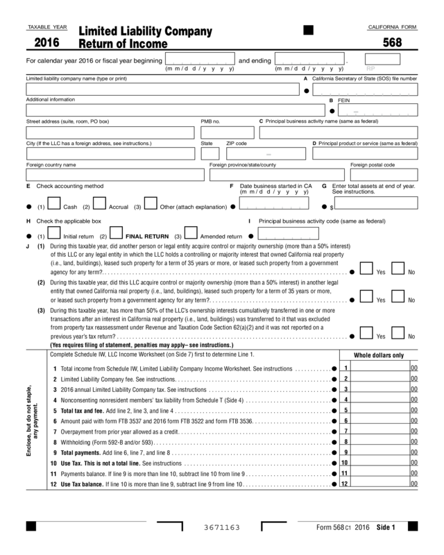 2016 Form 568 Limited Liability Company Return Of Income