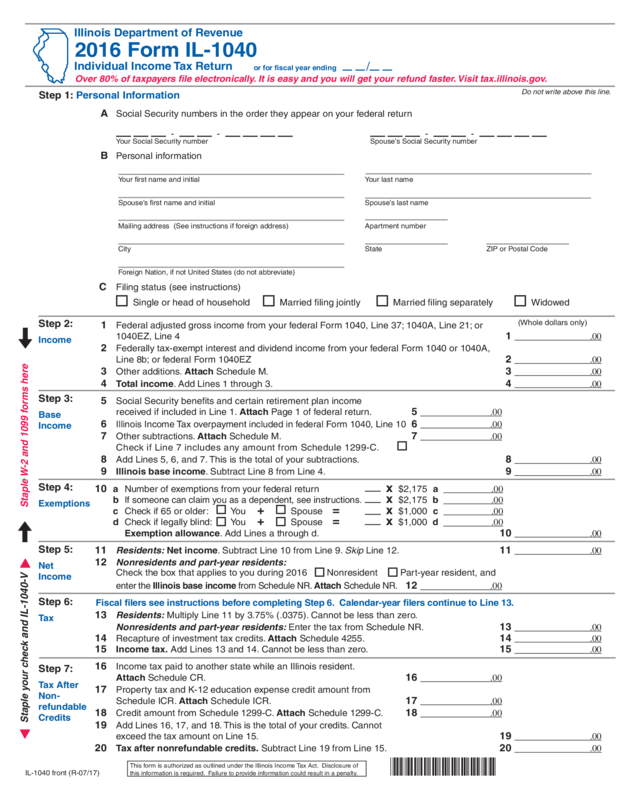 2016 Form Il-1040 Individual Income Tax Return