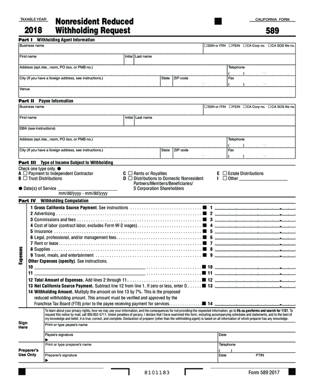 2017 Form 589 - Nonresident Reduced Withholding Request