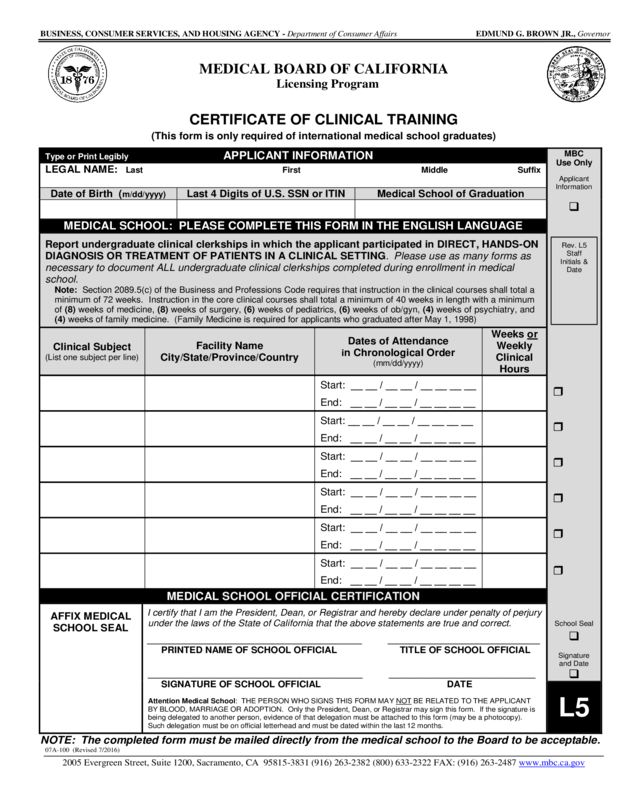 Certificate Of Clinical Training - Form L5