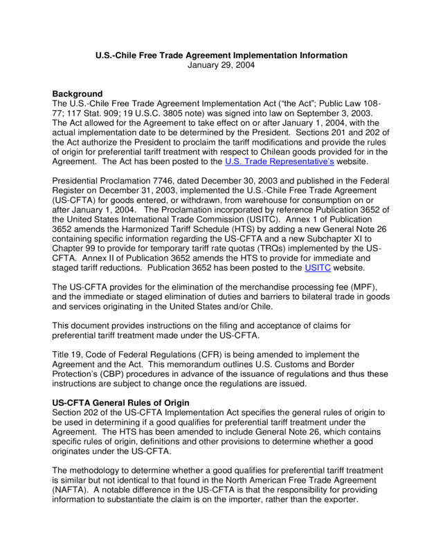 Chile Fta Implementation Information