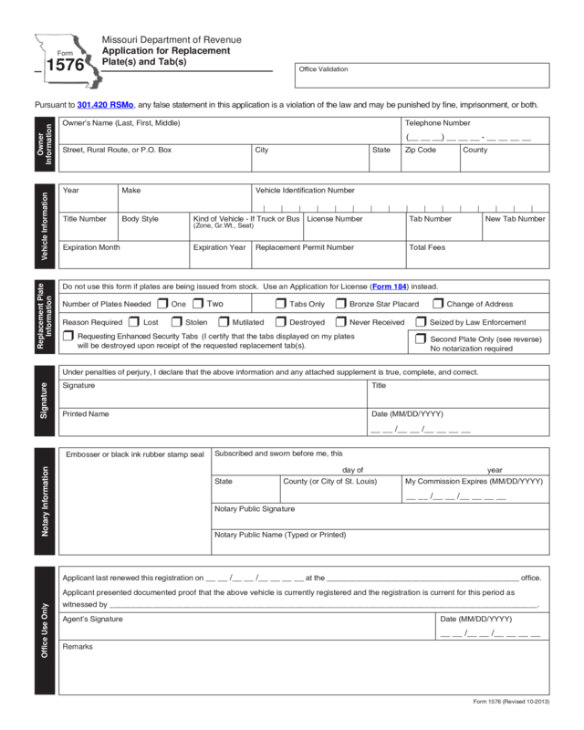 Form 1576 - Application For Replacement Plates(S) And Tab(S)