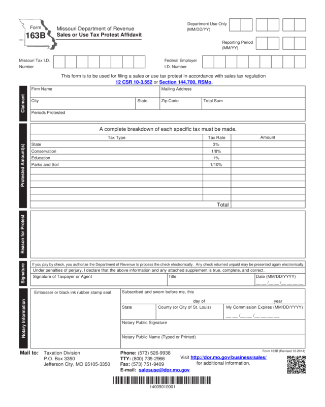 Form 163B Sales Or Use Tax Protest Affidavit