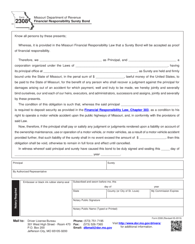 Form 2308 - Financial Resposibility Surety Bond - Edit, Fill, Sign ...